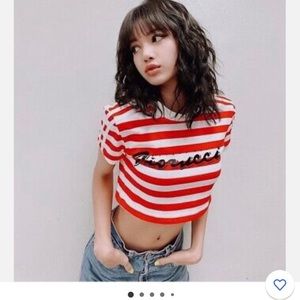 ADIDAS ORIGINALS X FIORUCCI RED WHITE BLACK LOGO CROPPED SHIRT BLACKPINK LISA